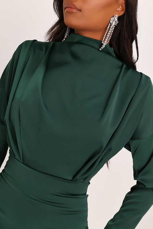 Emerald Green Satin High Neck Ruched ...